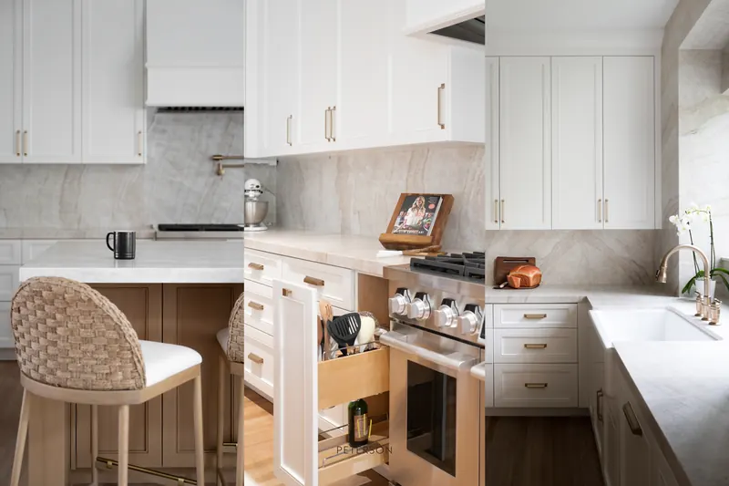 White shaker cabinets, pull-out spice storage, range wall