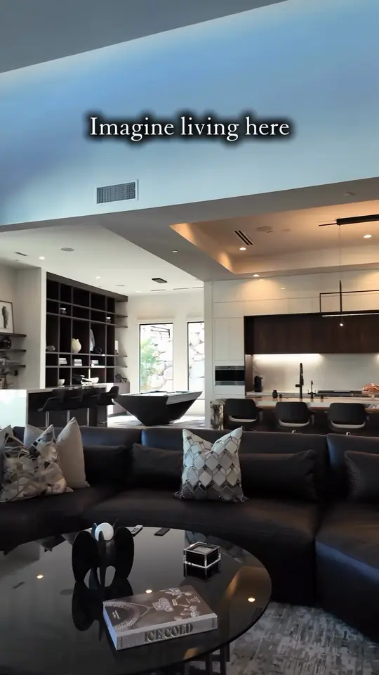 Dark wood built-in shelving and a modern living room with a sunken lounge view