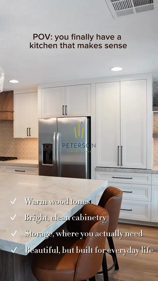 Same Cotton White kitchen: "a kitchen that makes sense" with a four-point checklist burned in
