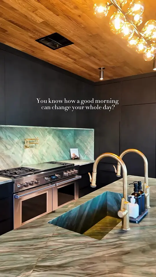 Green stone island, dark cabinetry, brass fixtures, then a light-wood dining hutch. End card: "We don't just build cabinets. We make your mornings."