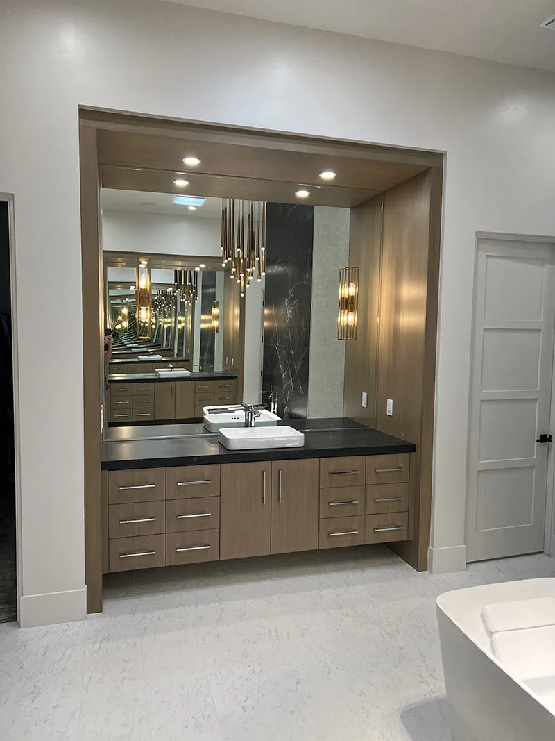 Rift white oak vanity with matched-grain slab drawers