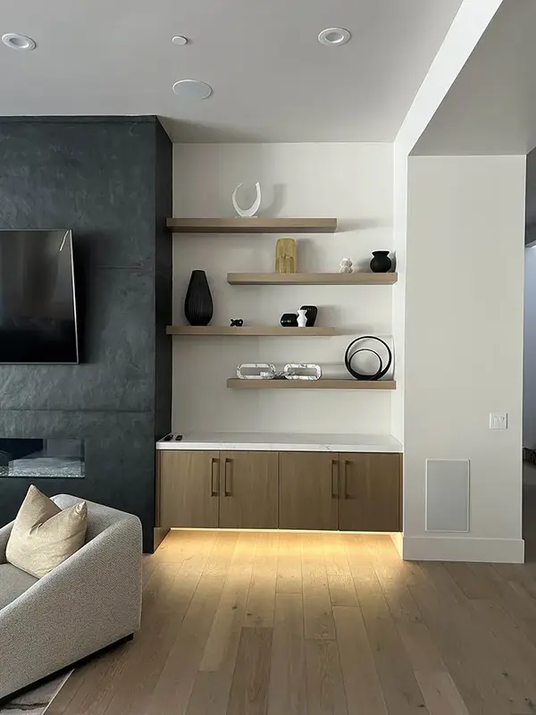 Hammer Fireplace cabinets floating shelves led lights 3