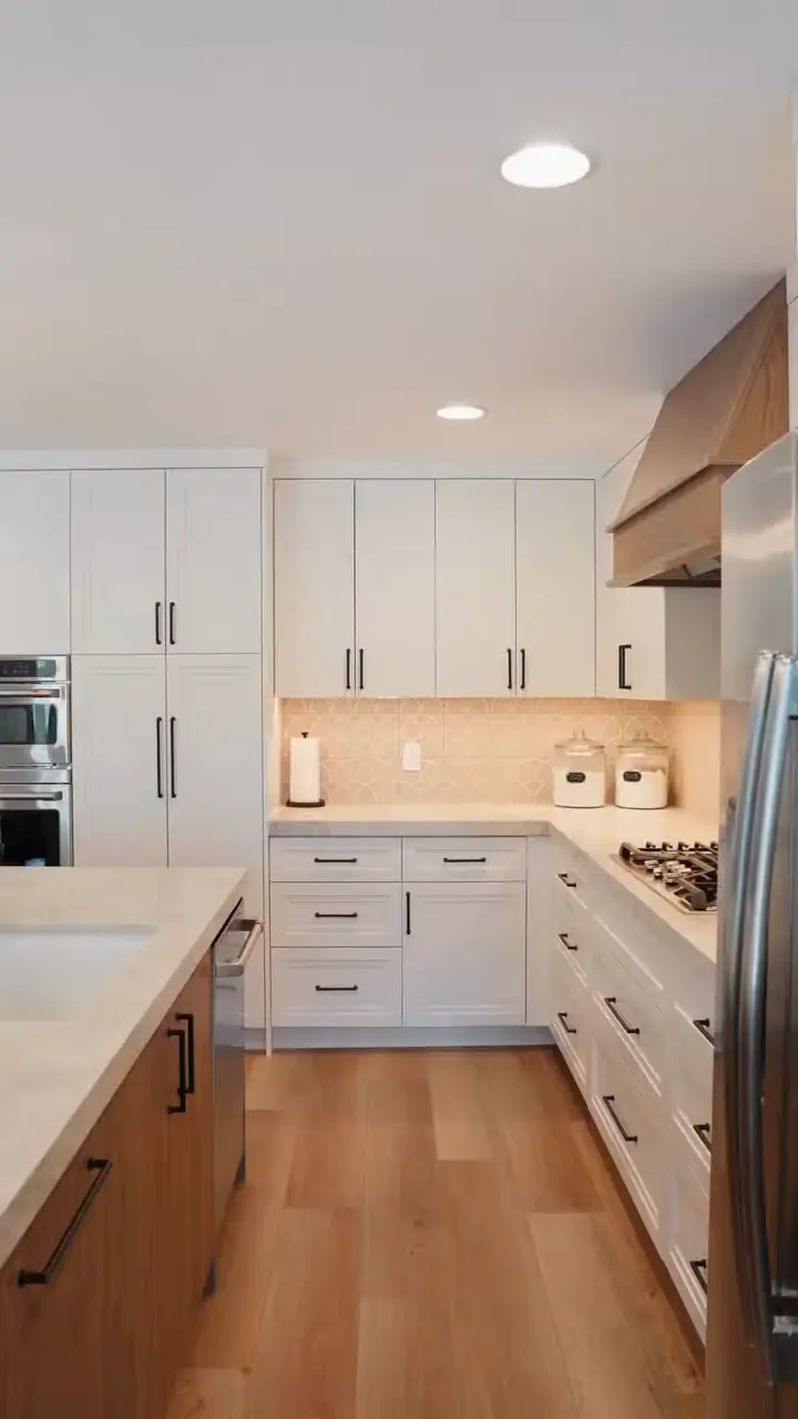 Cotton White and Dark Rockford Hickory kitchen: drawers, pantry, island storage Cotton White and Dark Rockford Hickory kitchen: drawers, pantry, island storage