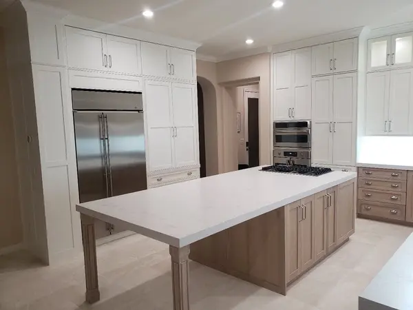 congaree kitchen Rift white oak island white shaker glass doors LED lights (2)