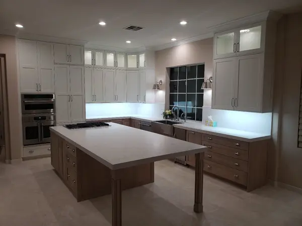 congaree kitchen Rift white oak island white shaker glass doors LED lights