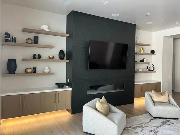 Hammer Fireplace cabinets floating shelves led lights 2
