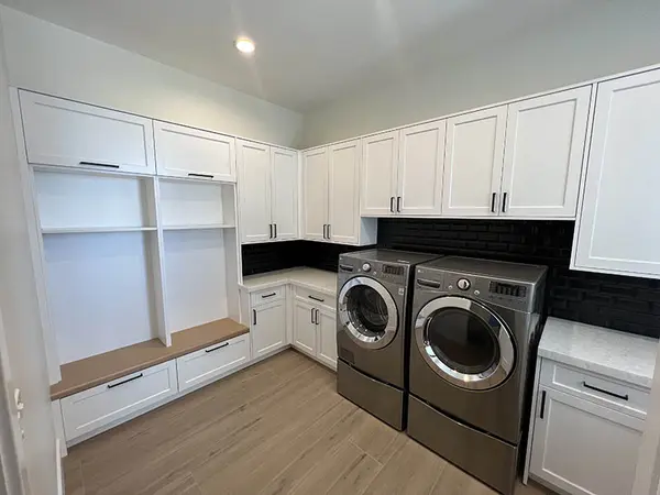 Milan Custom laundry white shaker rift white oak bench