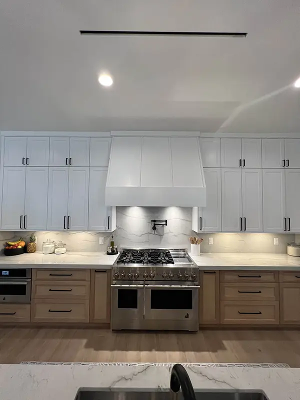 Milan white shaker doors glass doors led lights rift white oak base cabinets custom 7hood