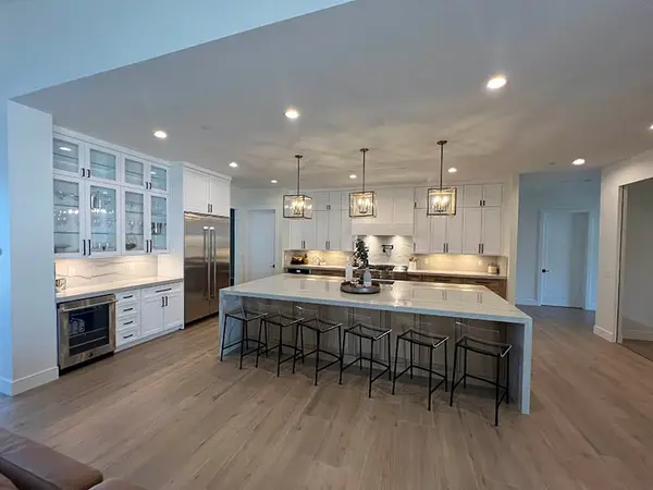 Milan white shaker doors glass doors led lights rift white oak island