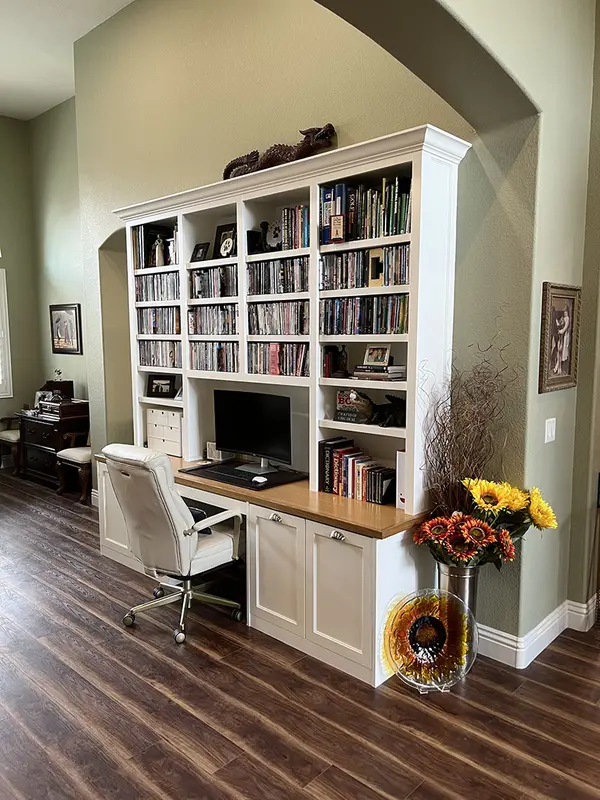 Peterson Cabinet Works Office Custom desk rift white oak top open shelvce 8