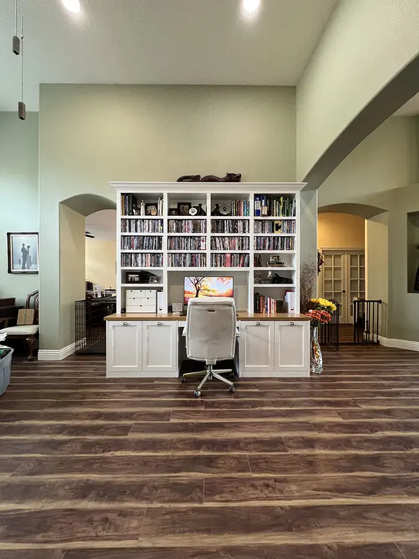 Peterson Cabinet Works Office Custom desk rift white oak top open shelves 2