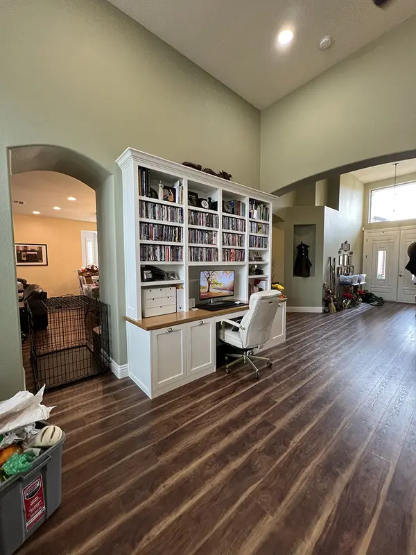 Peterson Cabinet Works Office Custom desk rift white oak top open shelves 3