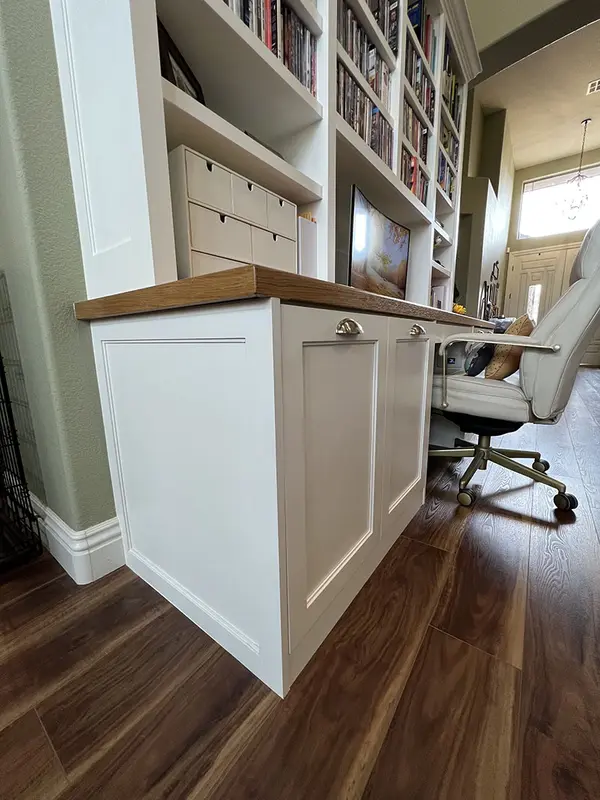 Peterson Cabinet Works Office Custom desk rift white oak top open shelves 4