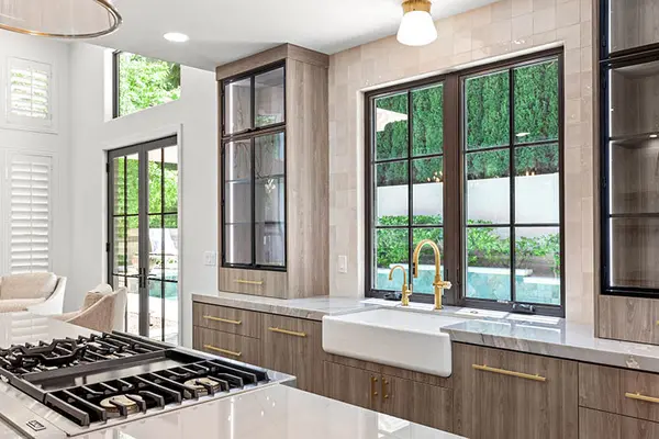Ring Dove custom kitchen custom island matched grain metal door glass door led lights 3