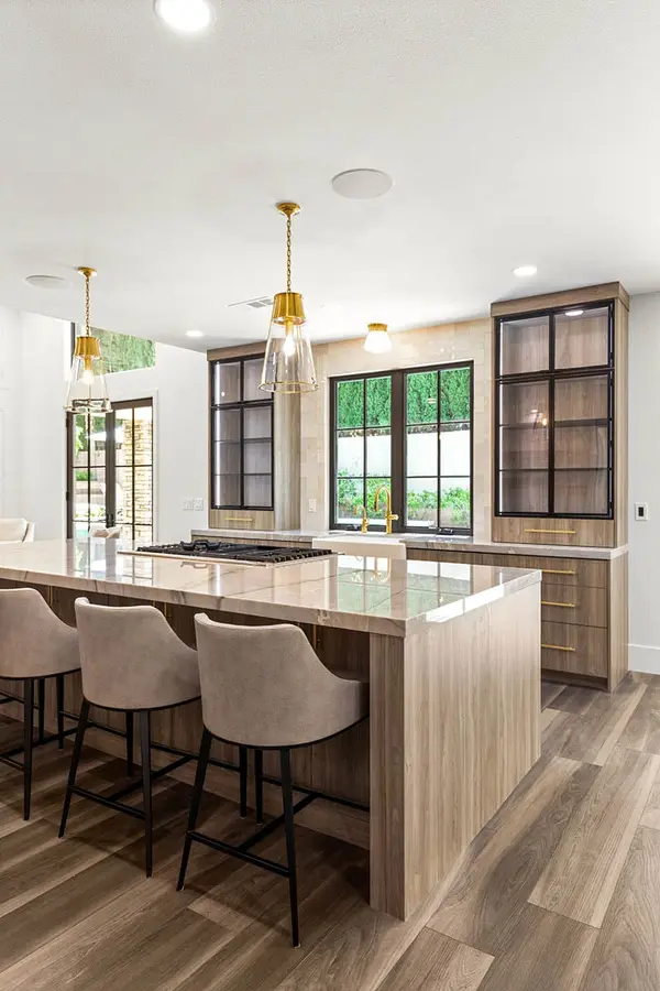 Ring Dove custom kitchen custom island matched grain metal door glass door led lights 4