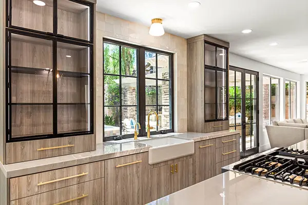 Ring Dove custom kitchen custom island matched grain metal door glass door led lights 5