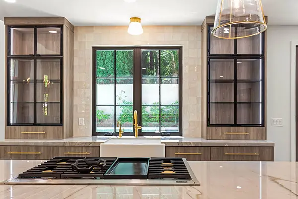 Ring Dove custom kitchen custom island matched grain metal door glass door led lights 6