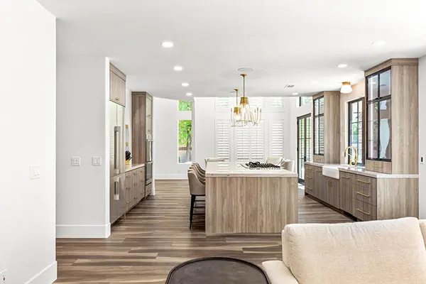 Ring Dove custom kitchen custom island matched grain metal door glass door led lights 7