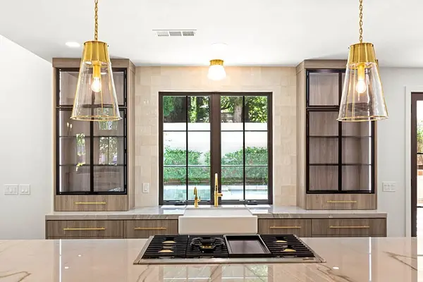 Ring Dove custom kitchen custom island matched grain metal door glass door led lights (2)