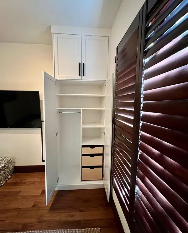pcw cabinetry Tall white shaker cabinet open