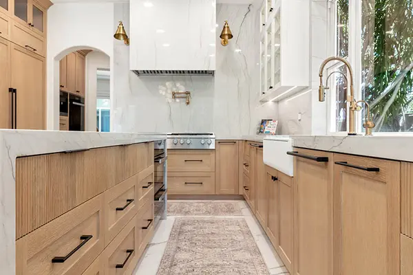 Villaforte Rift white oak reeded drawers white shaker glass cabinets 2
