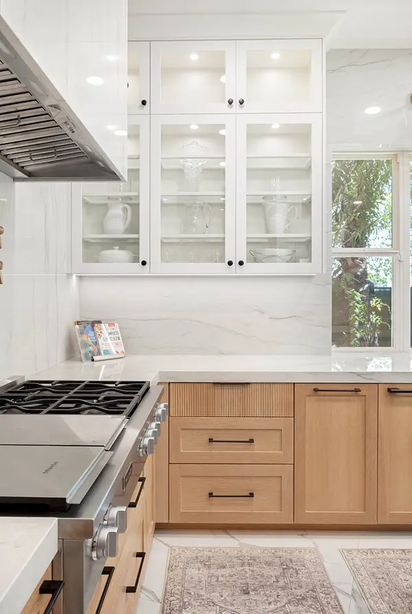 Villaforte Rift white oak reeded drawers white shaker glass cabinets 3