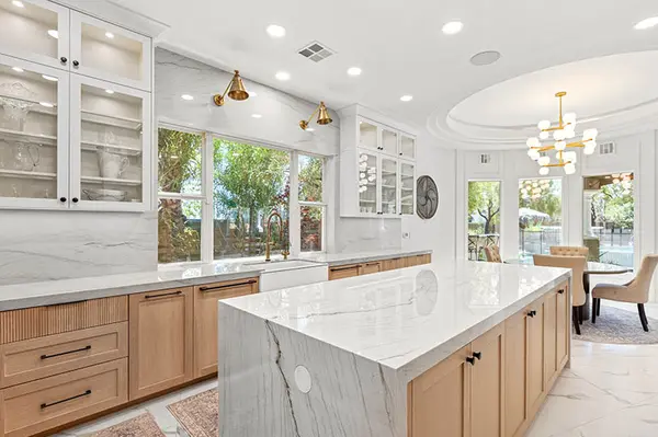 Villaforte Rift white oak reeded drawers white shaker glass cabinets