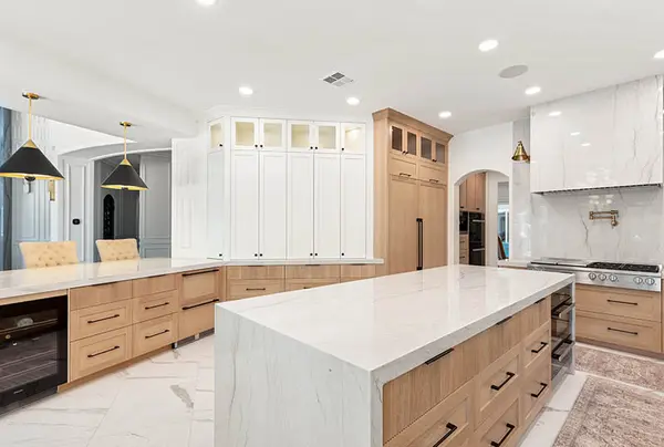 Villaforte Rift white oak reeded drawers white shaker glass cabinets island