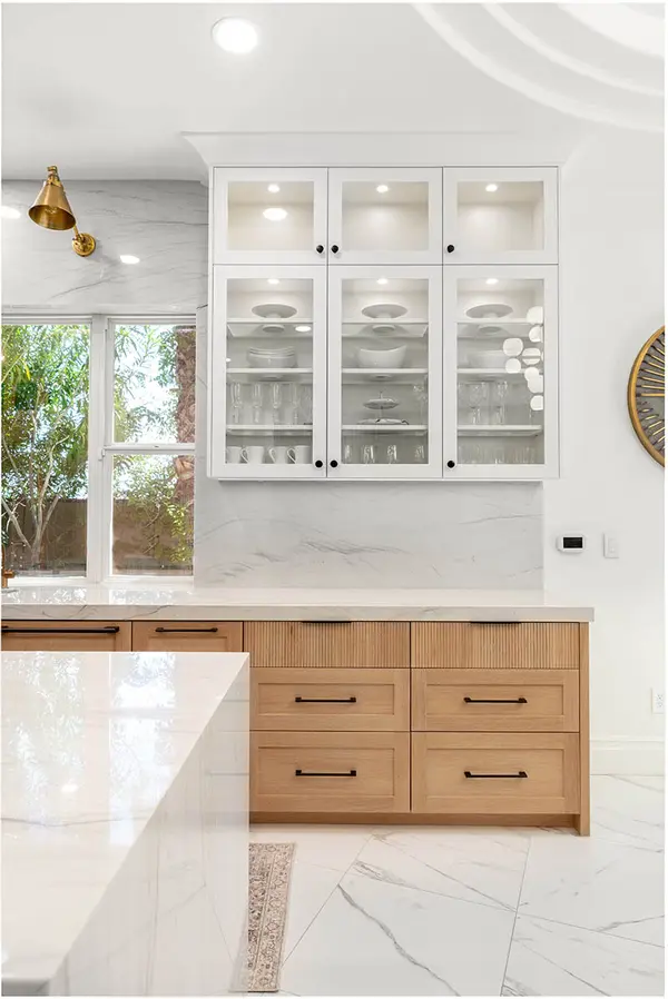 Villaforte rift white oak shaker reeded doors ligted cabinets