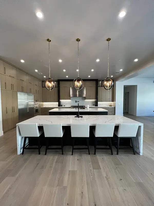 Hammer Matched grain slab rift white oak frameless custom cabinets 2 islands 2