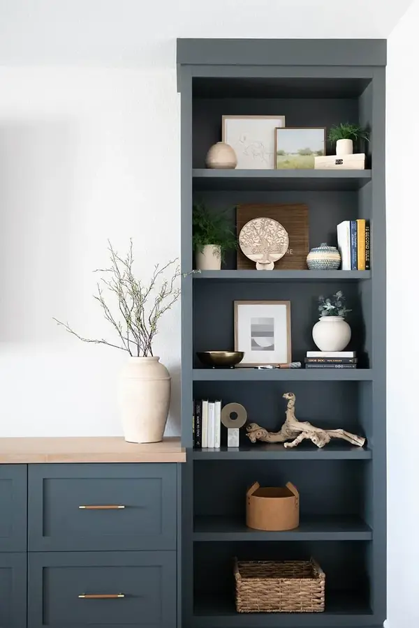 Sunset Sage Open shelves media center rift white oak top shaker drawers