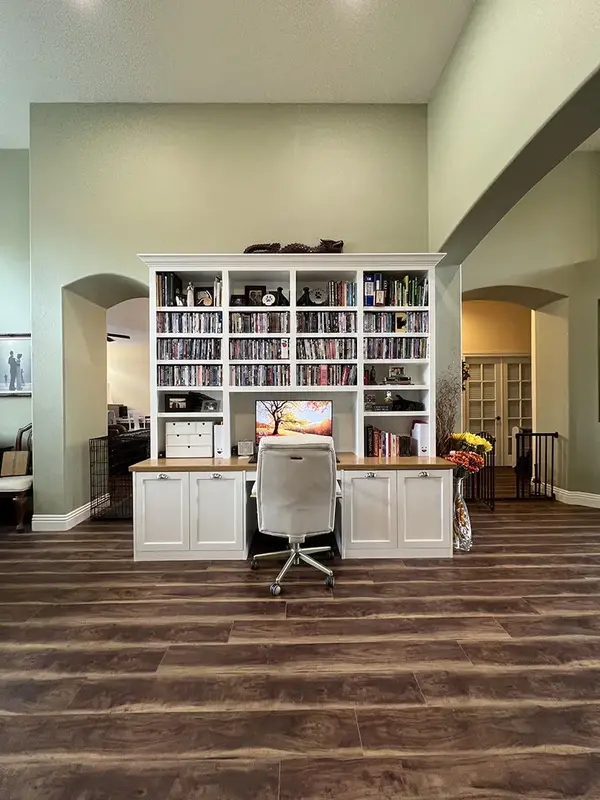 Peterson Cabinet Works Office Custom desk rift white oak top open shelvce