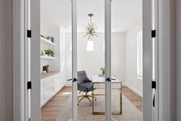 Sunset Sage Custom office white shaker rift white oak floating shelves 2