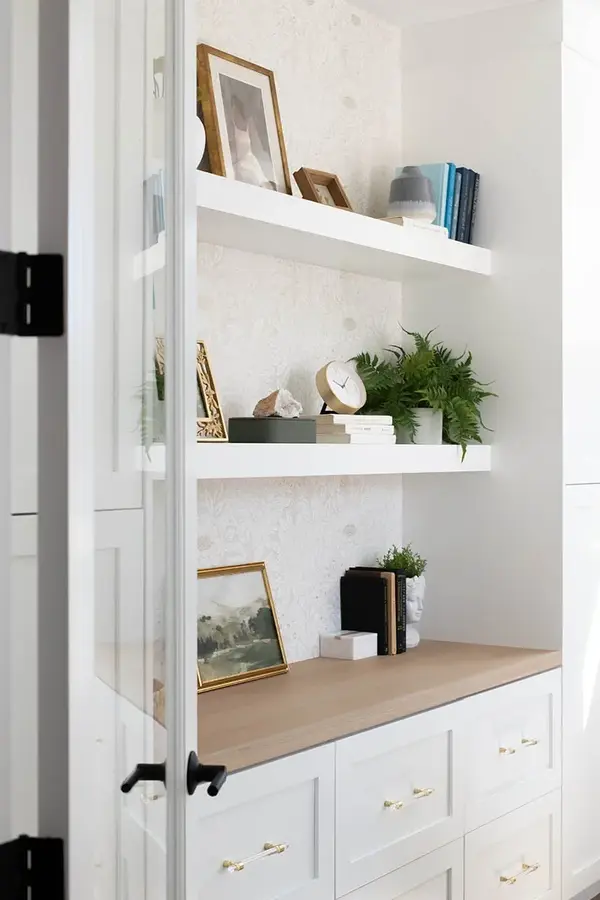 Sunset Sage Open office shelves white custom cabinets right white oak top 2
