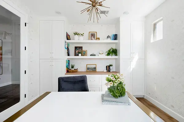 Sunset Sage Open office shelves white custom cabinets right white oak top 3