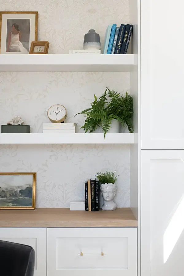 Sunset Sage Open office shelves white custom cabinets right white oak top