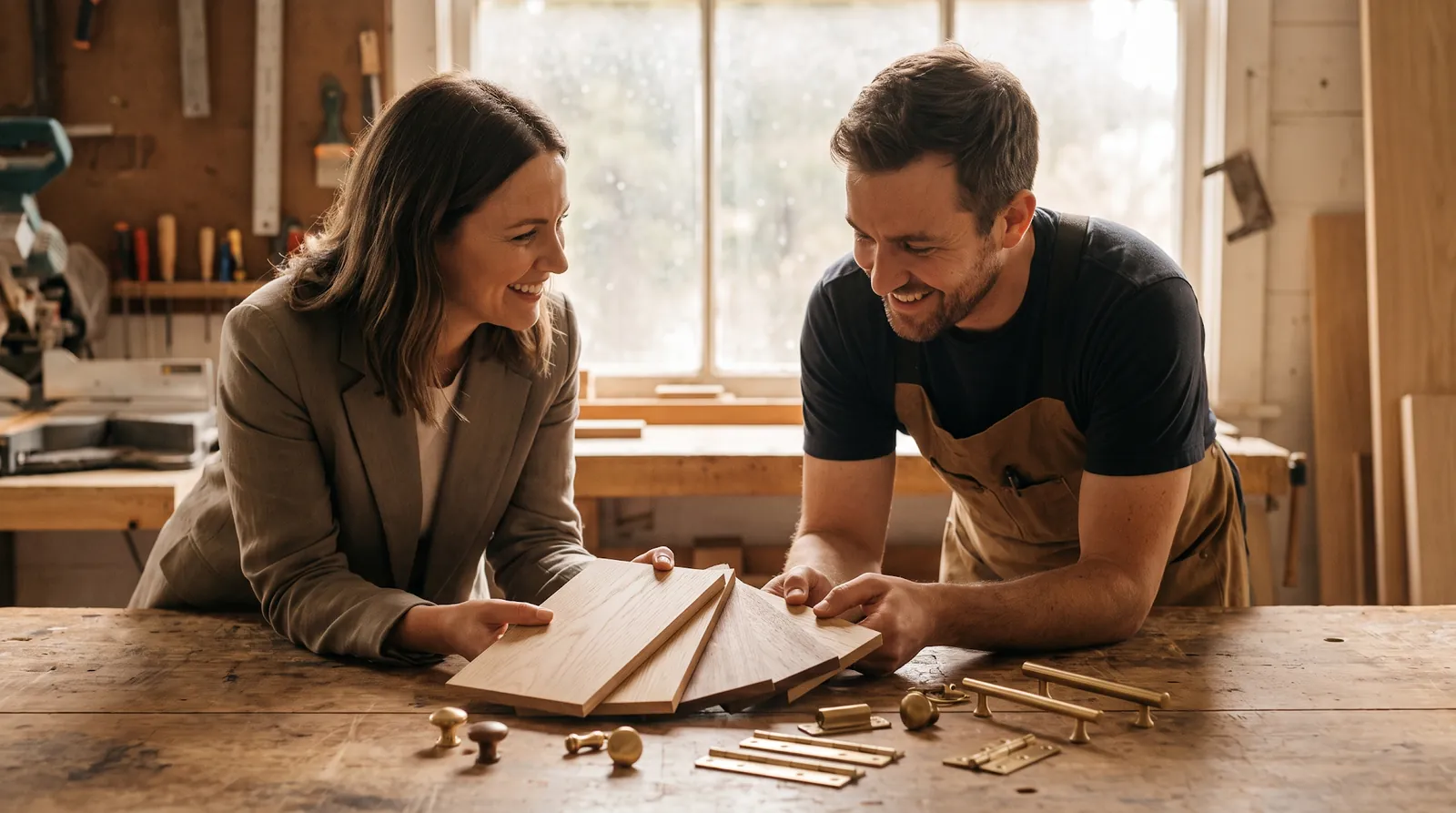 Cabinet designer and interior designer reviewing 3D drawings for custom cabinets