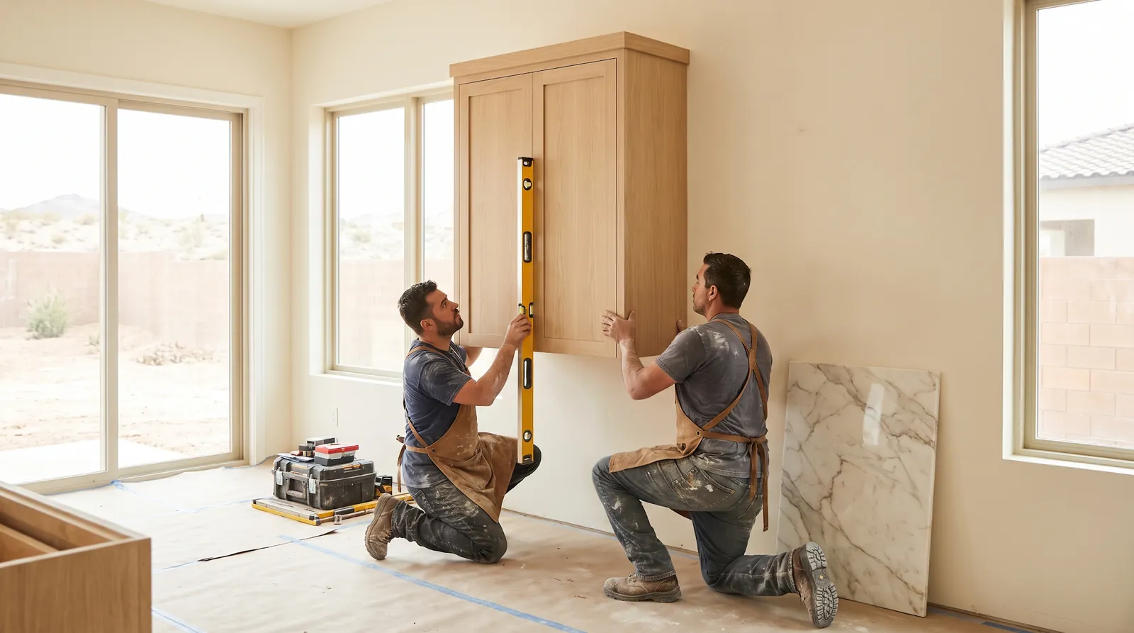 Professional cabinet installation team setting custom cabinets in a Las Vegas luxury remodel
