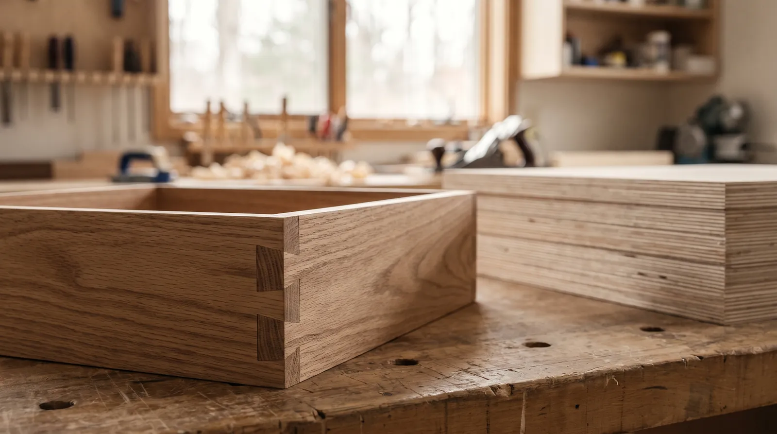 Close-up of dovetail joinery and plywood cabinet box construction for custom cabinets