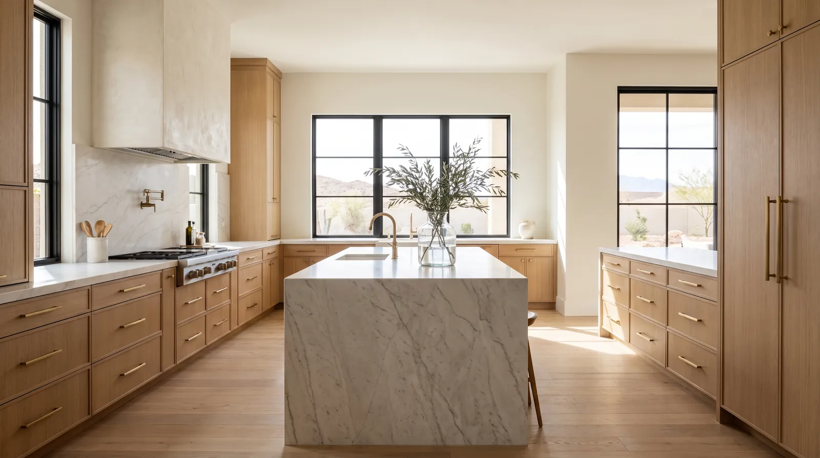 Finished luxury custom kitchen cabinets with brass hardware in a Las Vegas home
