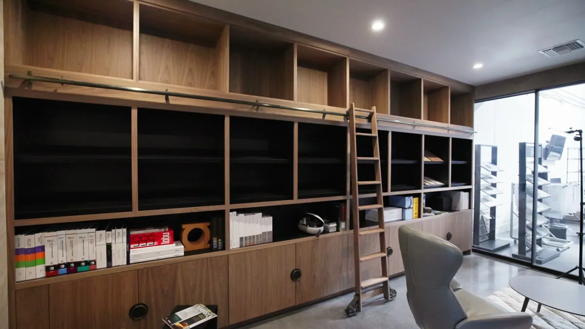 White oak materials library shelving with rolling ladder holding design samples in Las Vegas