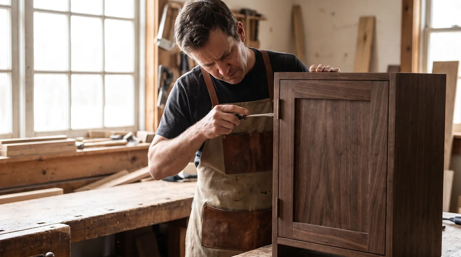 Cabinet maker inspecting custom cabinet door alignment during an owner walkthrough Cabinet maker inspecting custom cabinet door alignment during an owner walkthrough