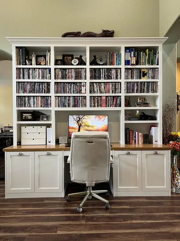 Peterson Cabinet Works Office Custom desk rift white oak top open shelves