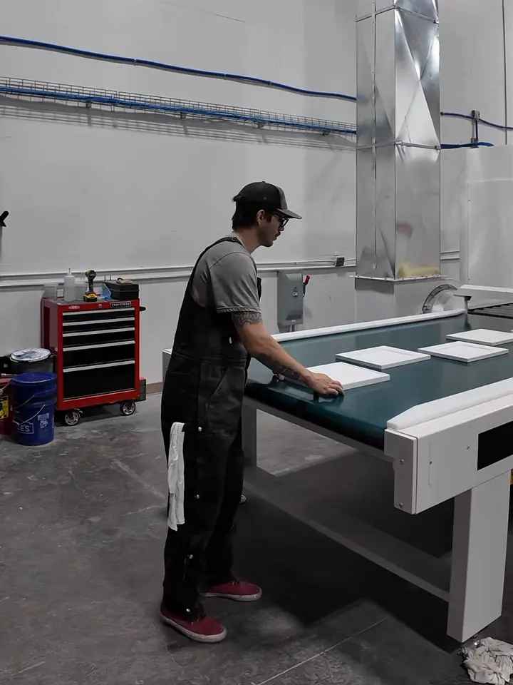 The PCW shop: CNC, edge banding, sanding, spray booth, drying racks The PCW shop: CNC, edge banding, sanding, spray booth, drying racks