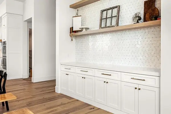 Peterson Cabinet Works Living Room custom cabinets rift white oak floating shelves